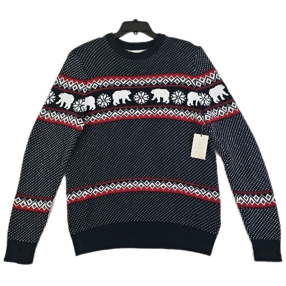 Aspen ~Men's Size L~ Navy Blue Polar Bears Cotton Winter Sweater Crew Neck NWT.